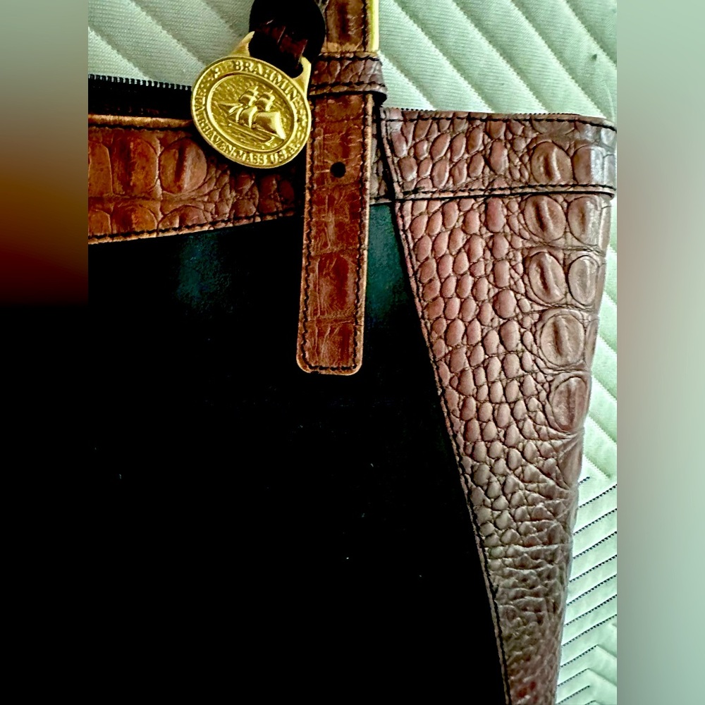 Vintage Brahmin Tote Bag Tuscan Collection Black Leather Brown Alligator Trim